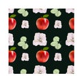 Seamless pattern on a black background apples and flowers